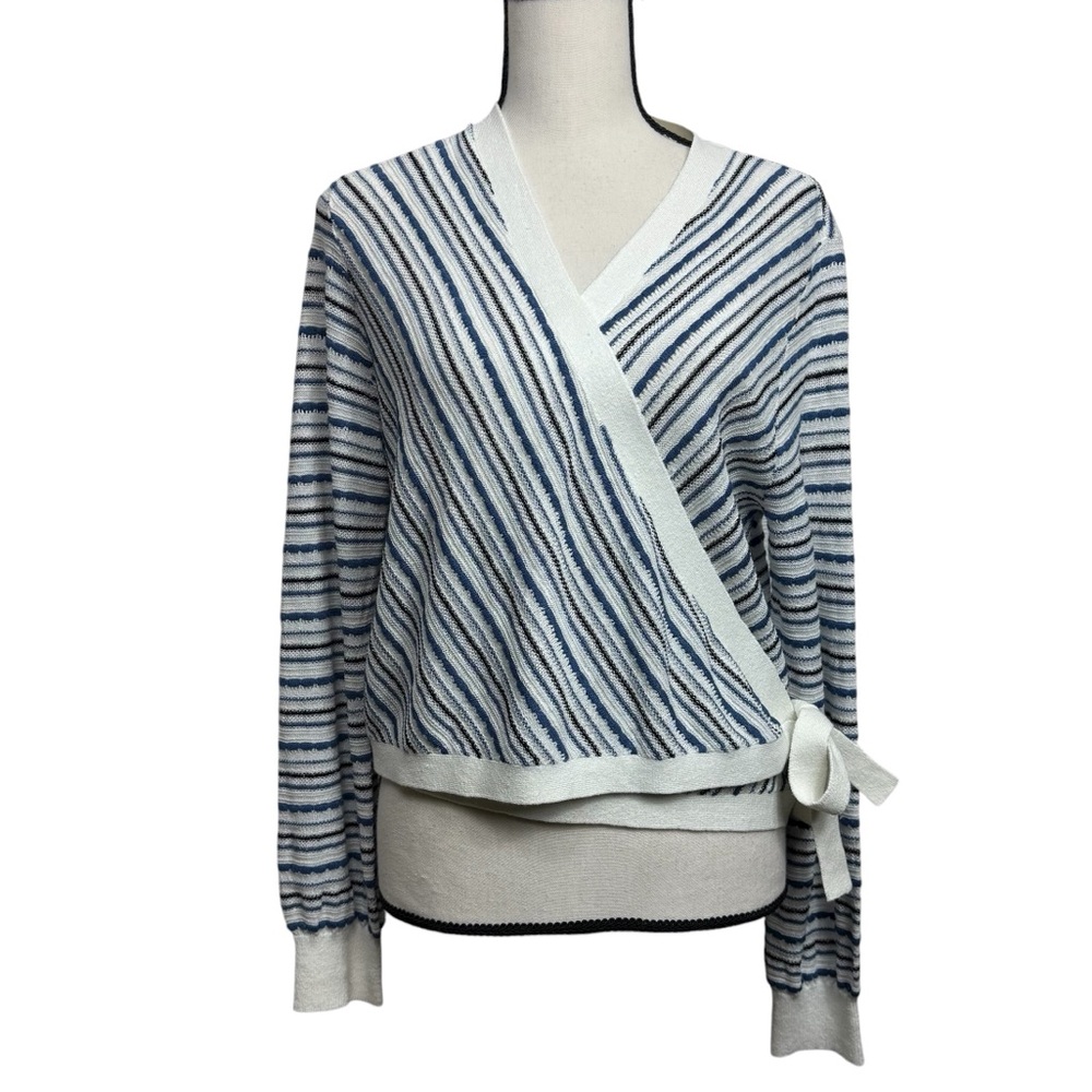 Talbots Blue and White Striped Wrap V-Neck Top NWT Linen Blend Nautical